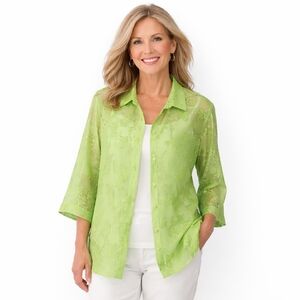 TanJay Green Burnout Sheer Button Front Blouse Size 14